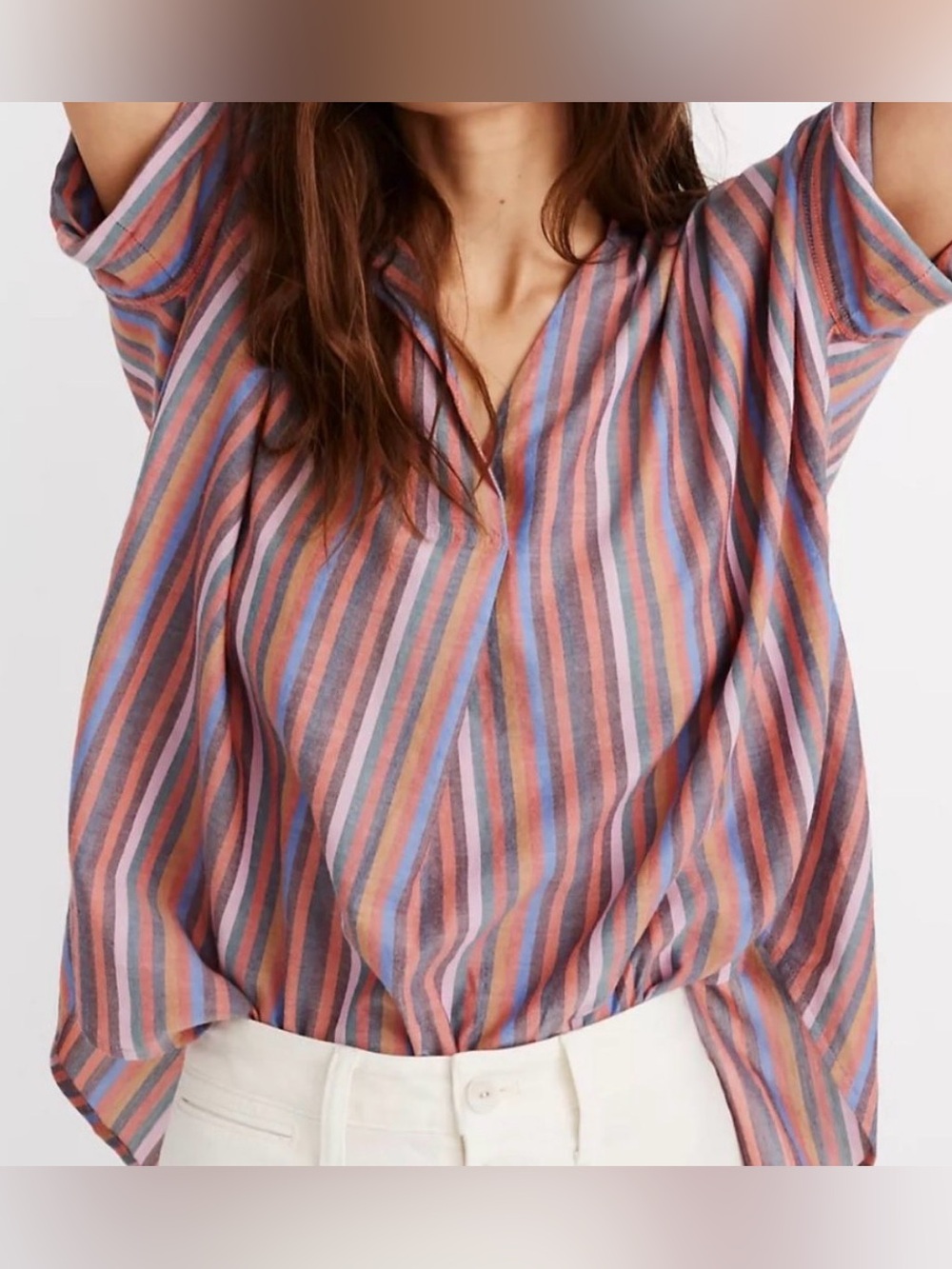 Madewell Striped Popover Shirt Small Multicolor Cotton Short Sleeve Blouse